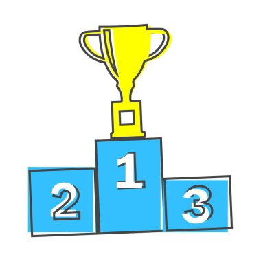 Kazanan podyumun illüstrasyonunda ilk sırada duran bir kupa vardı. Kazanan kupa ve kazanan podyum beyaz izole arka planda çizgi film tarzıyla birinci ve üçüncü sırada. Kolayca düzenlemek için katmanlar gruplandırıldı. Senin için.