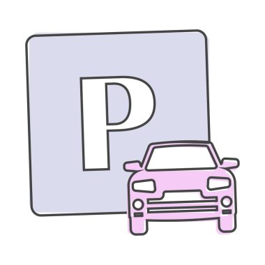 Park alanının vektör çizimi. Beyaz izole arka planda park yeri ve araba ikonu karikatür tarzı. Kolayca düzenlemek için katmanlar gruplandırıldı. Tasarımın için..