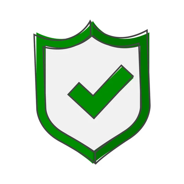 带勾号和横线的绿色盾牌的矢量图解 白色孤立背景下的保护符号和可靠性卡通风格 层次结构分组 以方便编辑说明 为了你的设计 — 图库矢量图片