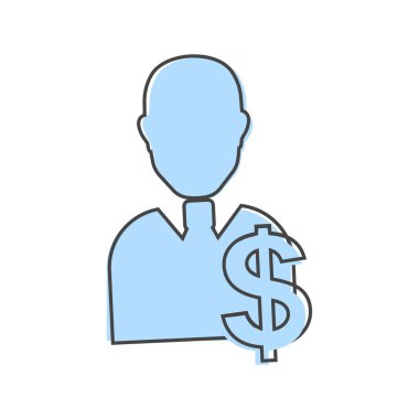 Vektör görüntü yöneticisi. İkon erkek işadamı ve dolar ikonu. Beyaz izole arkaplanda mone karikatür tarzıyla çalışmanın sembolü. Kolayca düzenlemek için katmanlar gruplandırıldı. Tasarımın için..