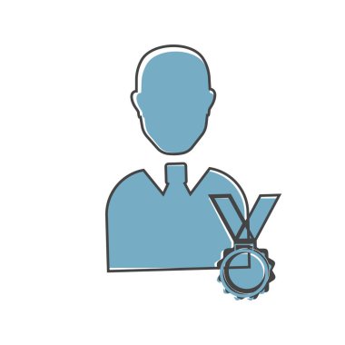 Vektör ikonu sertifikalı kişi. İnsan ve madalyanın görüntüsü. Sembol ödülü, beyaz izole edilmiş arka planda başarılar çizgi film stili. Kolayca düzenlemek için katmanlar gruplandırıldı. Tasarımın için..