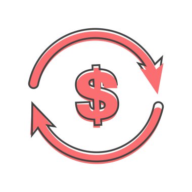 Ok ve dolar işaretli vektör dairesi simgesi. Beyaz izole arka planda döviz döviz sembolü çizgi film stili. Kolayca düzenlemek için katmanlar gruplandırıldı. Tasarımın için..