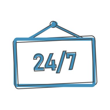 Vektör simgesi plakası 7 / 24. Zaman simgesi. Beyaz izole edilmiş arkaplanda iş konsepti pictogram karikatür tarzı. Kolayca düzenlemek için gruplandırılmış katmanlar. Tasarımın için..