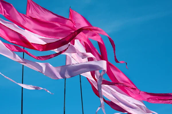 Rosa Acenando Levantou Longas Bandeiras Triungulares Fechar Fundo Brilhante Céu — Fotografia de Stock