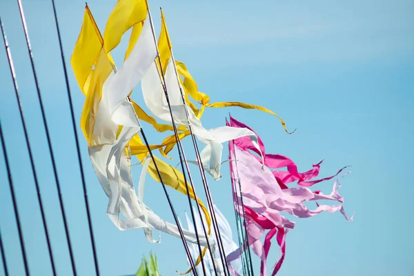 Acenando Amarelo Branco Rosa Pétala Longas Bandeiras Triungulares Fundo Brilhante — Fotografia de Stock