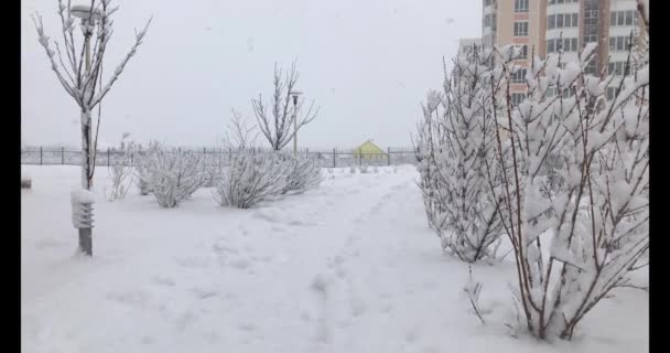 Тропа покрыта снегом, желтый дом за забором в снегопаде — стоковое видео