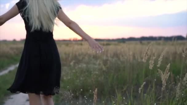 Vacker flicka i svart klänning går genom fältet vid solnedgången. Flickan kör mot den nedgående solen över fältet. Slow motion — Stockvideo