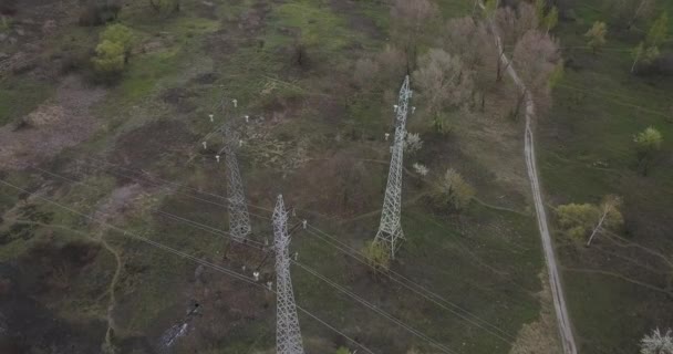 Kırsal kesimde bir elektrik hattının üzerinden uçuyor. — Stok video