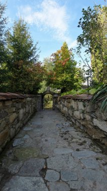 Bahçeye giden kaldırım taşı yolu sonbaharda çitle güzel görünüyor.