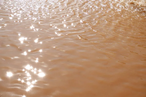 Su yüzeyinde küçük dalgalar ve güzel yansımalar ışığı yansıtır. Kahverengi suyun dokusu. Doğa arka planı, küçük dalgalar, güneş ışığı, duvar kağıdı için manzara, ağ, baskı. Kahverengi su arkaplanı.
