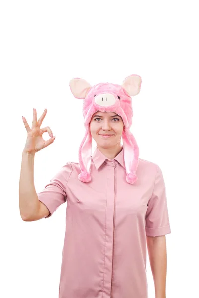 Girl Pig Costume Shows Fingers Sign Excellent Symbol Isolated White — Stock Photo, Image