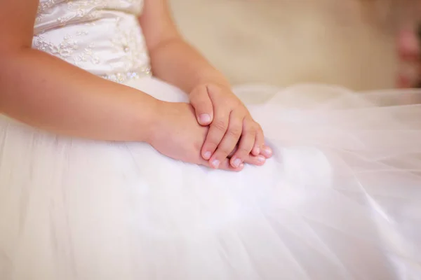 Tender Baby Hands Girl Dress Tulle Closeup — Stock Photo, Image