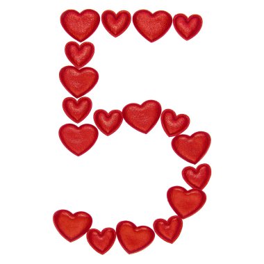 Sayı dekoratif kırmızı kalpler yapılan 5. Beyaz arka plan üzerinde izole. Kavramlar: Abc, alfabe, logo, basamak, simge, aşk, Sevgililer günü