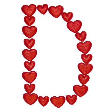 Dekoratif kırmızı kalpler yapılan D harfi. Beyaz arka plan üzerinde izole. Kavramlar: Abc, alfabe, logo, kelimeler, simge, aşk, Sevgililer günü