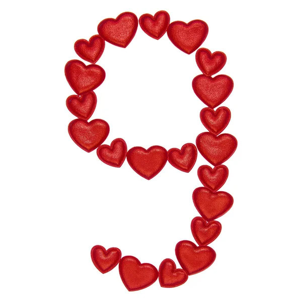 9号由装饰红色的心制成 隔离在白色背景上 Abc 字母表 情人节 — 图库照片
