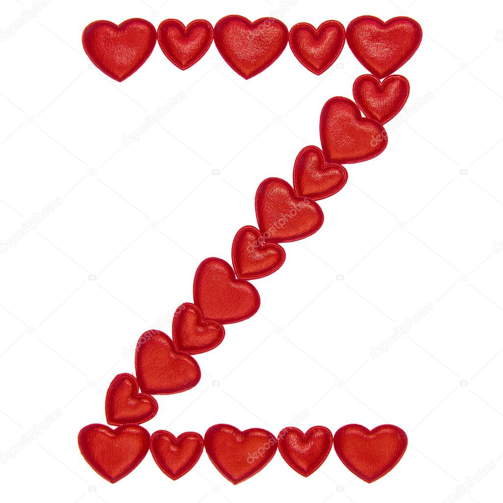 Letter Z made from decorative red hearts. Isolated on white background. Concepts: ABC, alphabet, logo, words, symbols, love, valentines day