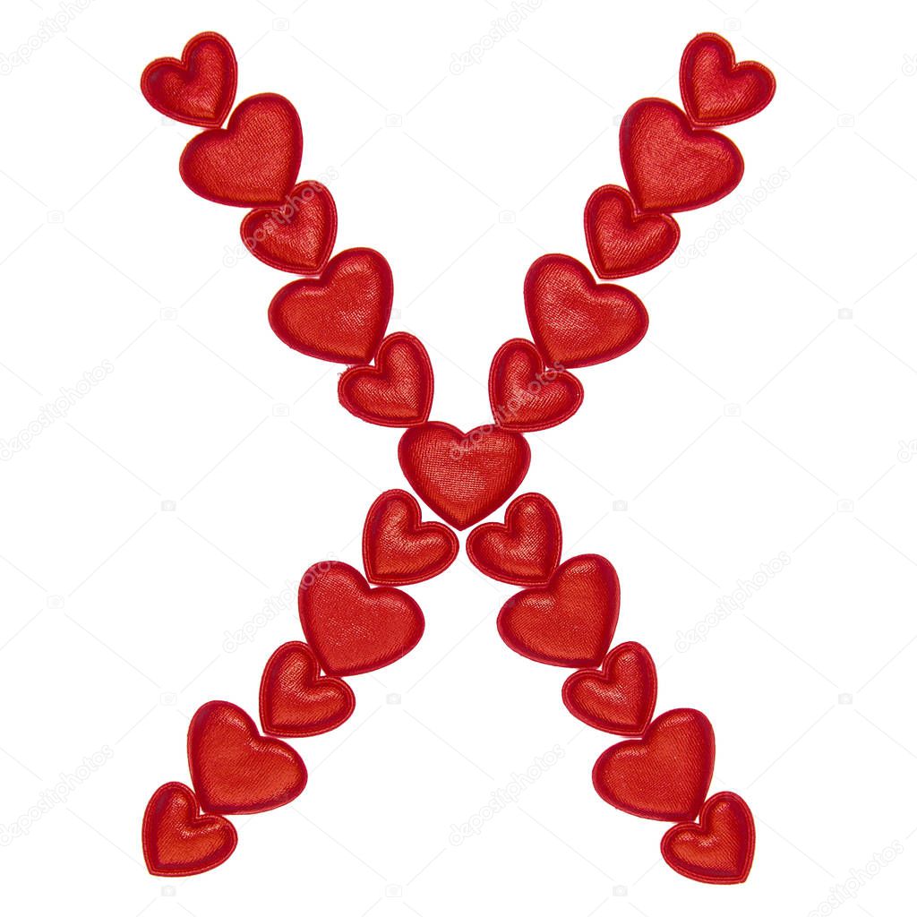 Letter X made from decorative red hearts. Isolated on white background. Concepts: ABC, alphabet, logo, words, symbols, love, valentines day