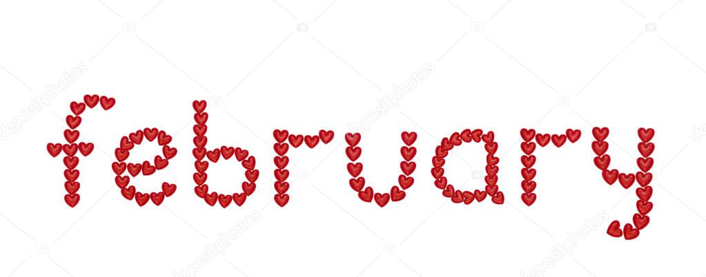 word february, made from decorative red hearts. Isolated on white background. Concepts: ABC, alphabet, logo, symbols, love, valentines day