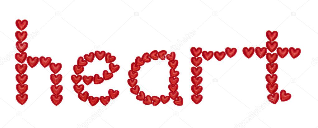 text, made from decorative red hearts. Isolated on white background. Concepts: ABC, alphabet, logo, symbols, love, valentines day