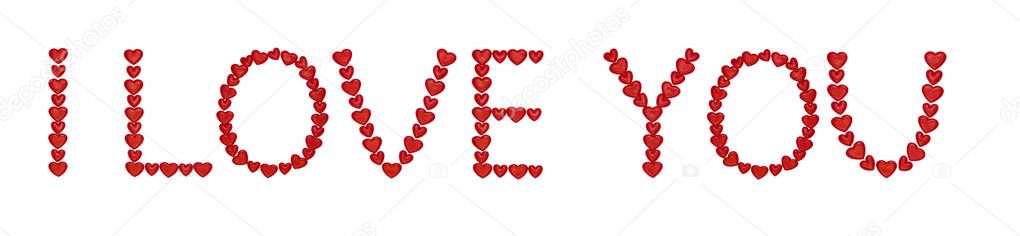 text i love you, made from decorative red hearts. Isolated on white background. Concepts: ABC, logo, symbols, valentines day