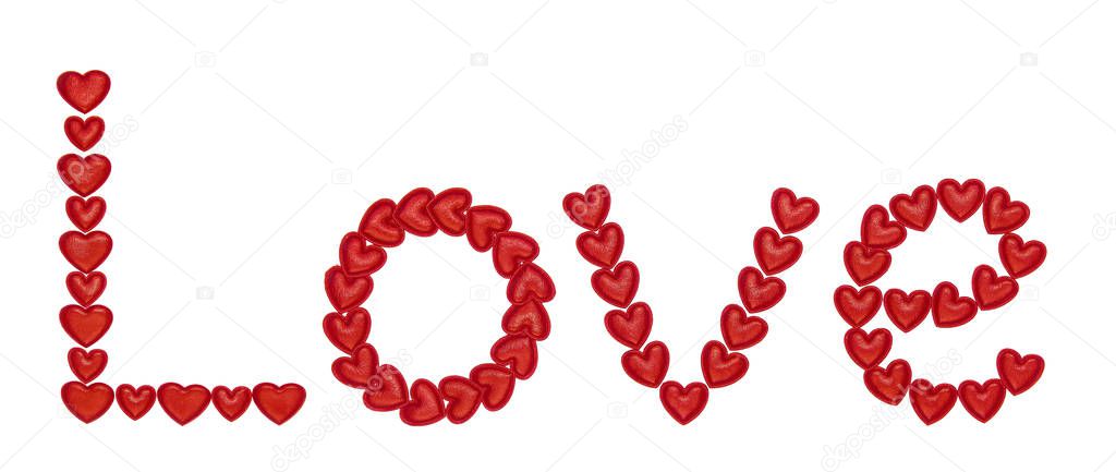 word love, made from decorative red hearts. Isolated on white background. Concepts: logo, symbols, valentines day, design, title, text