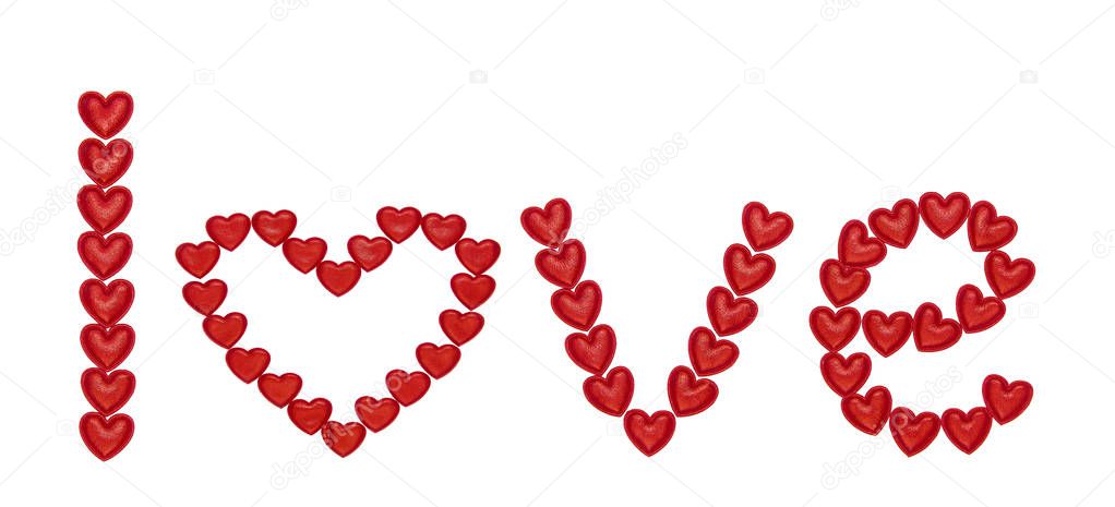word love, made from decorative red hearts. Isolated on white background. Concepts: logo, symbols, valentines day, design, title, text