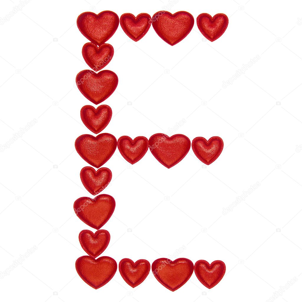 Letter E made from decorative red hearts. Isolated on white background. Concepts: ABC, alphabet, logo, words, symbols, love, valentines day