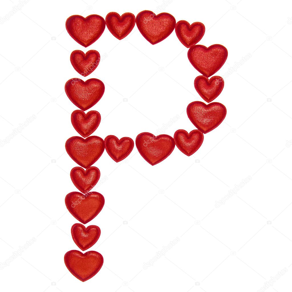 Letter P made from decorative red hearts. Isolated on white background. Concepts: ABC, alphabet, logo, words, symbols, love, valentines day