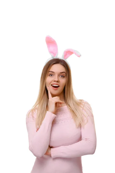 Girl Bunny Ears Standing Smiling Suggesting Idea Sincere Emotions Isolated — Stock Photo, Image