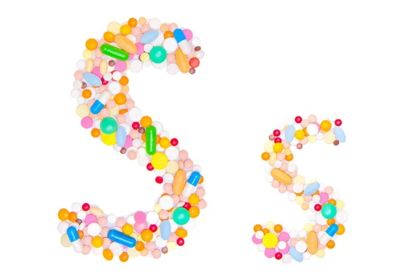 字母S 英文字母 从医疗片剂 维生素收集 隔离在白色背景上 Abc — 图库照片