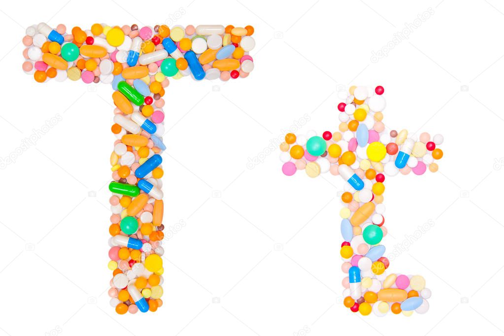 Letter T, English alphabet, made, collected from medical tablets, pills, capsules, vitamin. Isolated on white background. Concept: ABC, design, logo, title, text, word