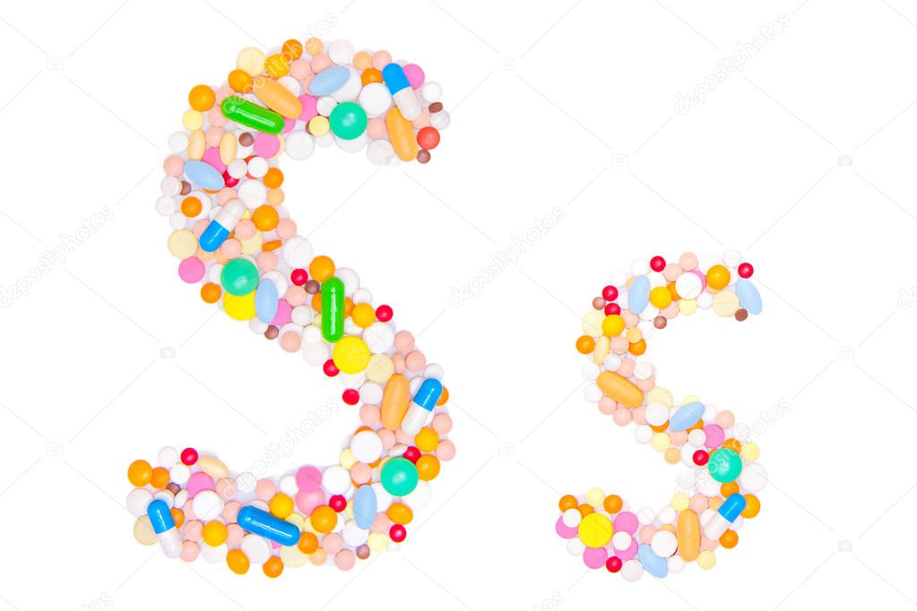 Letter S, English alphabet, made, collected from medical tablets, pills, capsules, vitamin. Isolated on white background. Concept: ABC, design, logo, title, text, word