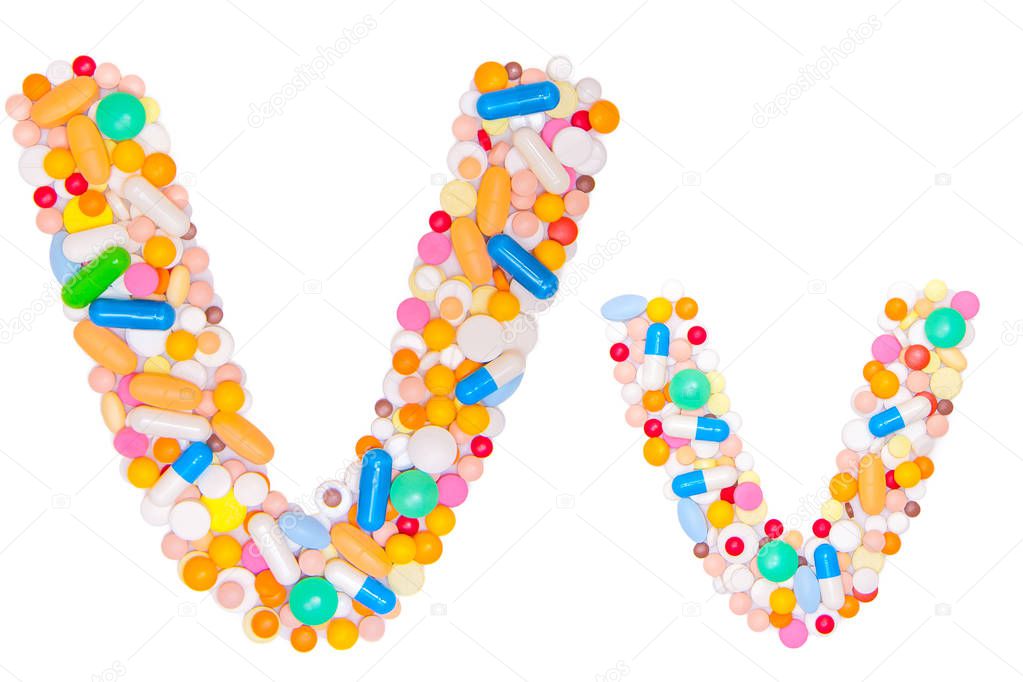 Letter V, English alphabet, made, collected from medical tablets, pills, capsules, vitamin. Isolated on white background. Concept: ABC, design, logo, title, text, word