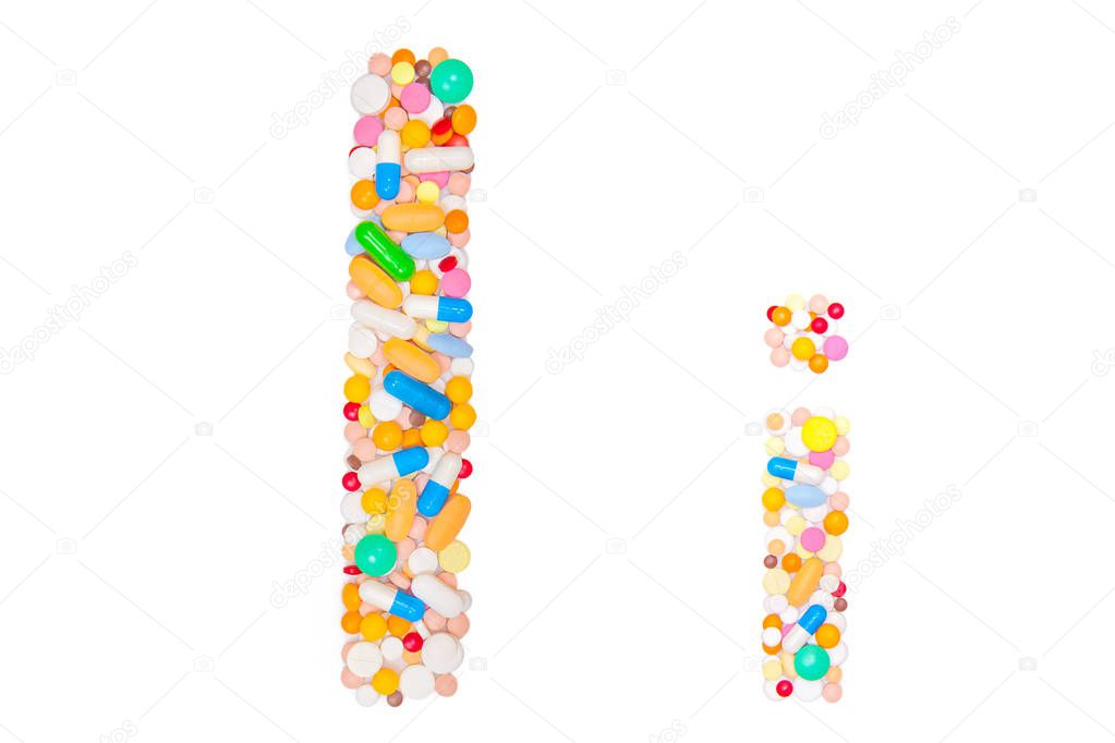 Letter I, English alphabet, made, collected from medical tablets, pills, capsules, vitamin. Isolated on white background. Concept: ABC, design, logo, title, text, word