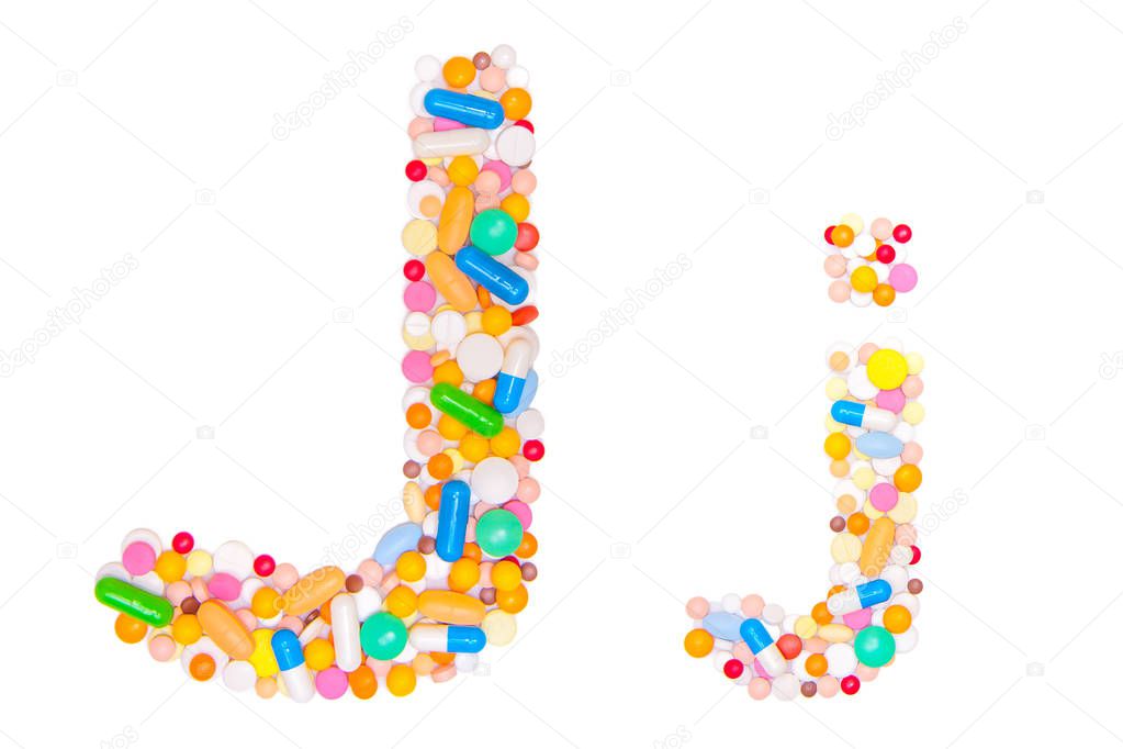 Letter J, English alphabet, made, collected from medical tablets, pills, capsules, vitamin. Isolated on white background. Concept: ABC, design, logo, title, text, word