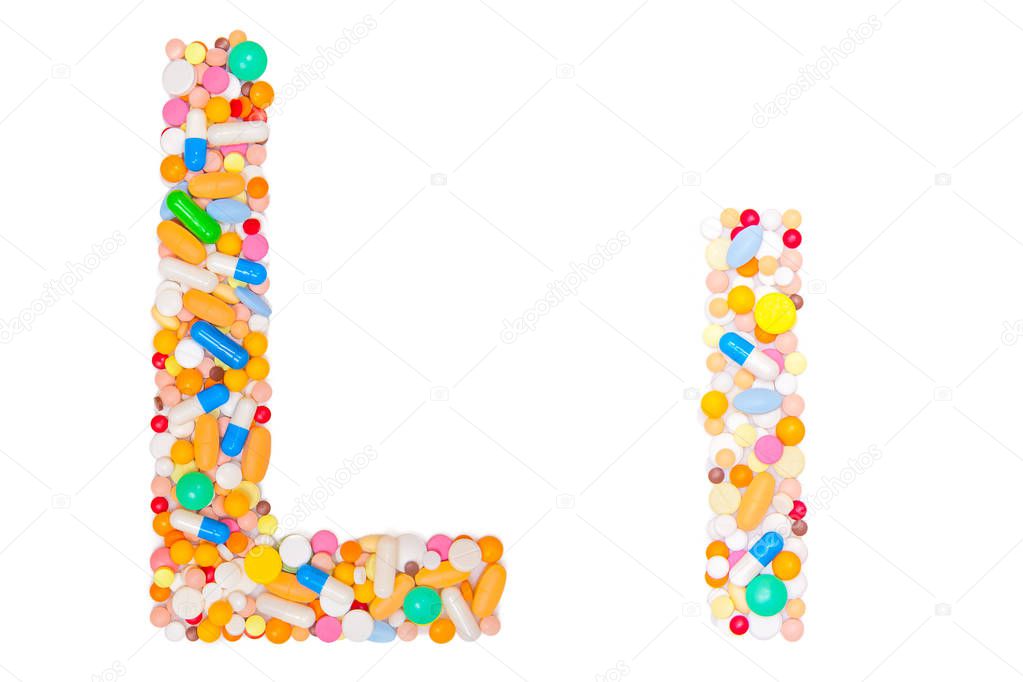 Letter L, English alphabet, made, collected from medical tablets, pills, capsules, vitamin. Isolated on white background. Concept: ABC, design, logo, title, text, word