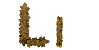 L harfi, İngiliz alfabesi, sarı sonbahar yapraklarından yapılmış. Beyaz arka planda izole edilmiş. Konsept: Abc, tasarım, logo, kelimeler, metin, başlık