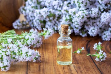 Esans ile taze çiçek açan kekik twigs ahşap bir masa üzerinde bir şişe