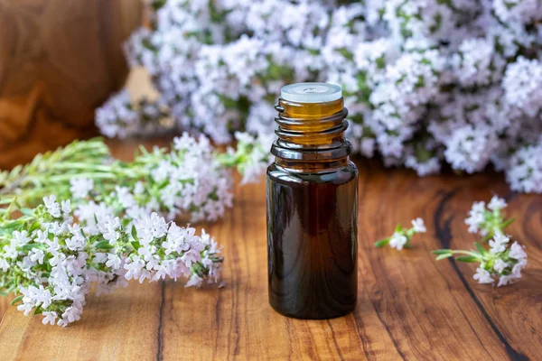 Dark Bottle Essential Oil Fresh Blooming Thyme Twigs — Stock Photo, Image
