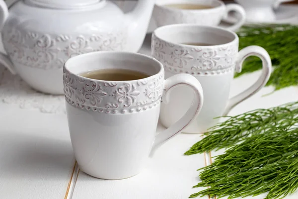 Two Cups Horsetail Tea Fresh Equisetum Arvense Plant White Wooden — Stock Photo, Image