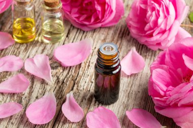 A bottle of essential oil with fresh roses and petals on a wooden background clipart
