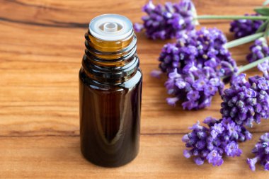 Taze çiçek açan lavanta dallarıyla birlikte bir şişe gerekli yağ.