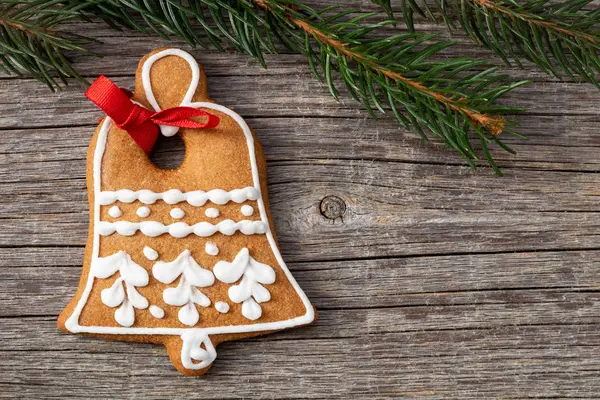 Piernik Christmas Cookie Świerk Oddziałów Tle Drewnianych Miejsca Kopii — Zdjęcie stockowe