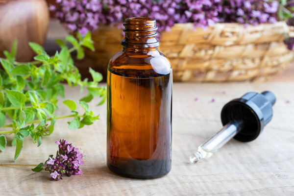 A bottle of essential oil with fresh blooming oregano twigs