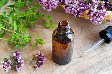 Esans taze çiçek açan kekik bir tablo ile bir şişe