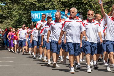 Prague, Çek Cumhuriyeti - 1 Temmuz 2018: erkek parading Sokolsky Slet, bir kez-her-altı-yıl toplama Sokol hareketinin - çek spor Derneği