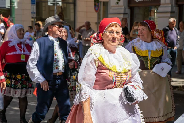 Prague, Çek Cumhuriyeti - 1 Temmuz 2018: Sokolsky Slet, Sokol hareket - bir kez-her-altı-yıl toplanması, halk kostümleri insanlarda bir çek Derneği spor