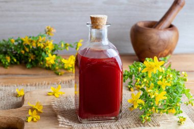 Bir şişe kırmızı yağı taze St John's wort çiçeklerden yapılmış