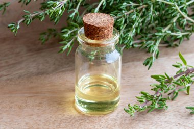 Taze kekik dallarıyla birlikte bir şişe gerekli yağ.