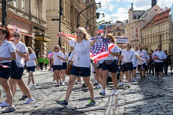 Prag Tschechische Republik Juli 2018 Amerikanische Besucher Paradieren Auf Der — Stockfoto